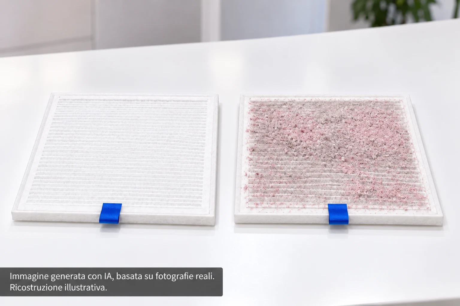 Immagine generata con IA: confronto tra filtro pulito e filtro carico di polvere, entrambi con linguetta blu